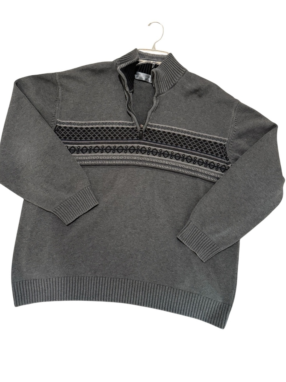 Oscar de la Renta Men’s Gray Designer Fair Isle Quarter Zip Pullover Sweater XXL